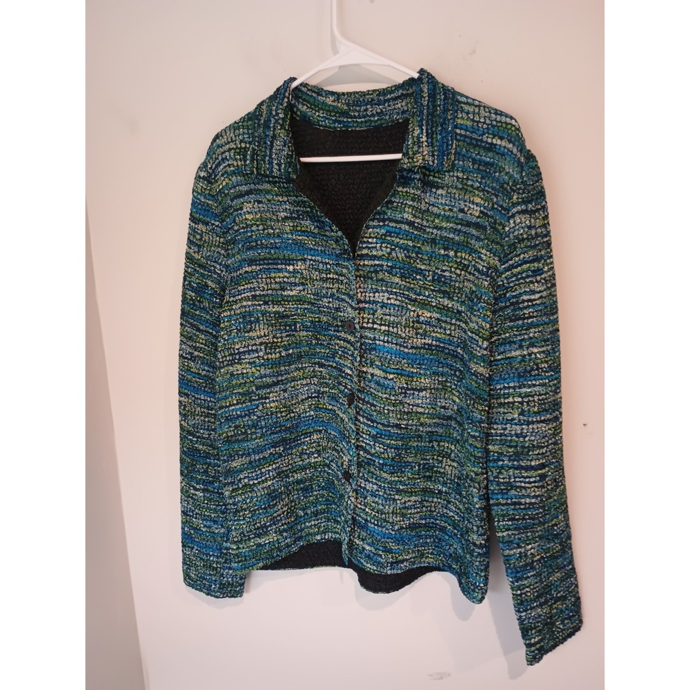 Women Textured Crinkle Knit Jacket Button Front Blue Green Tweed Style Cardigan